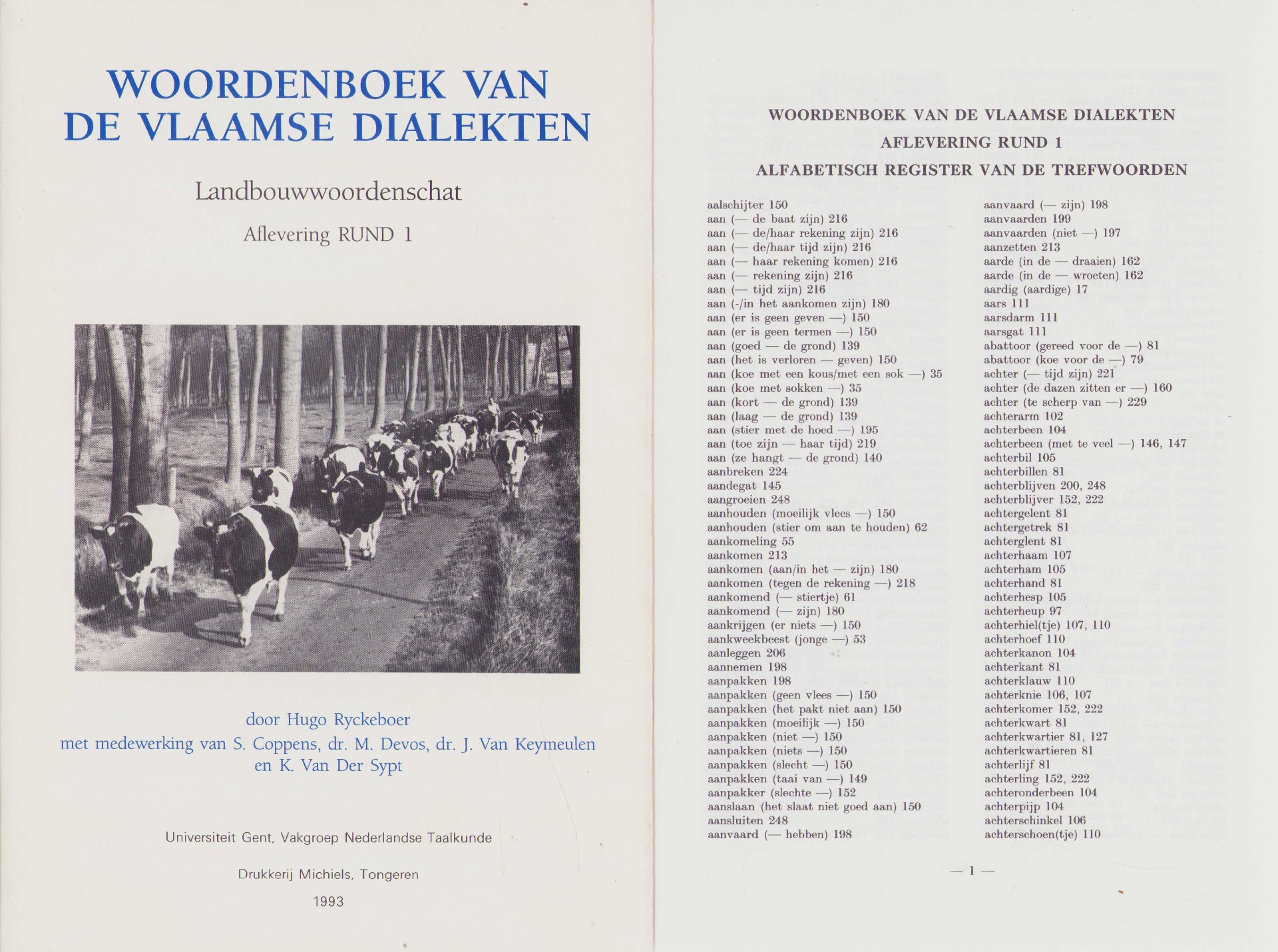 Woordenboek van de Vlaamse dialecten. Landbouwwoordenschat. Aflevering Rund 1 + register